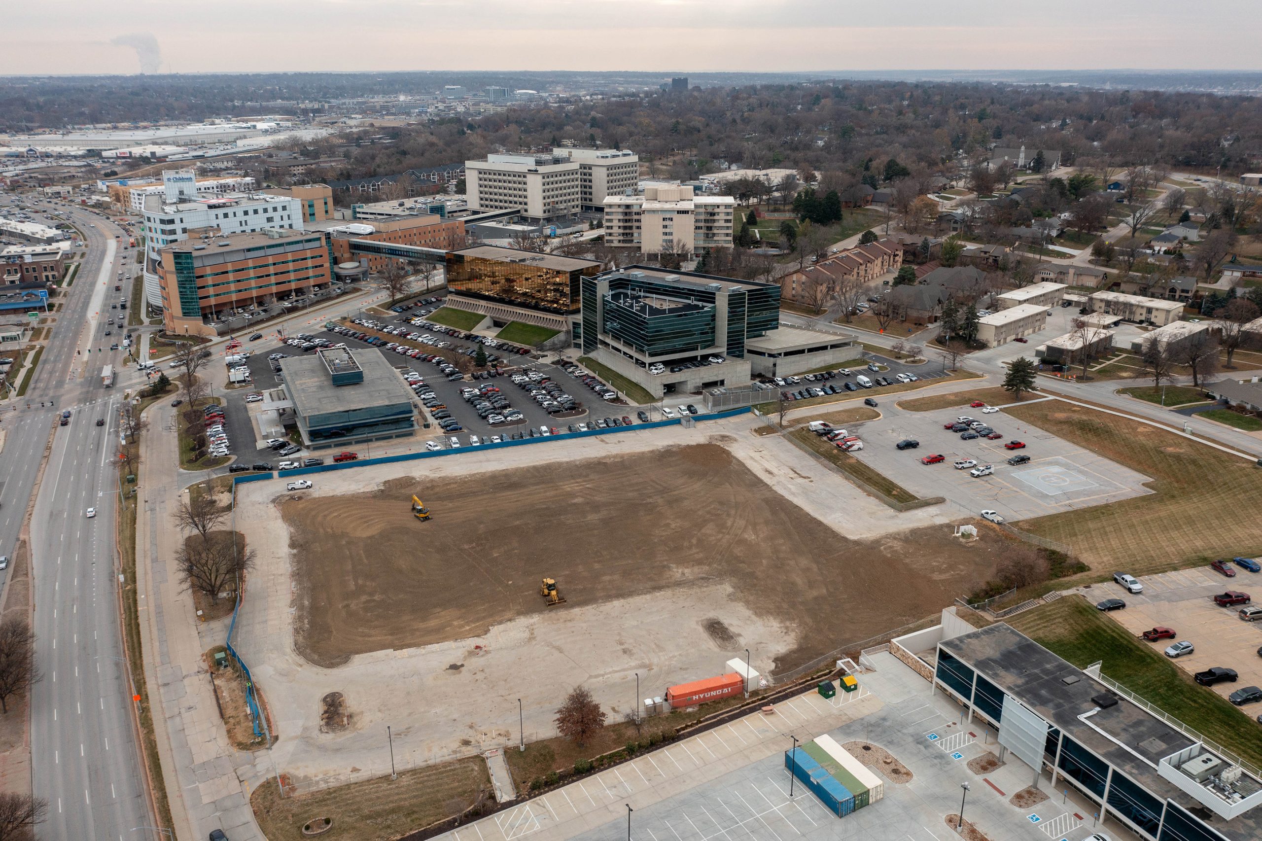 Aerial photo of a construction site on the Children's Hospital & Medical Center campus